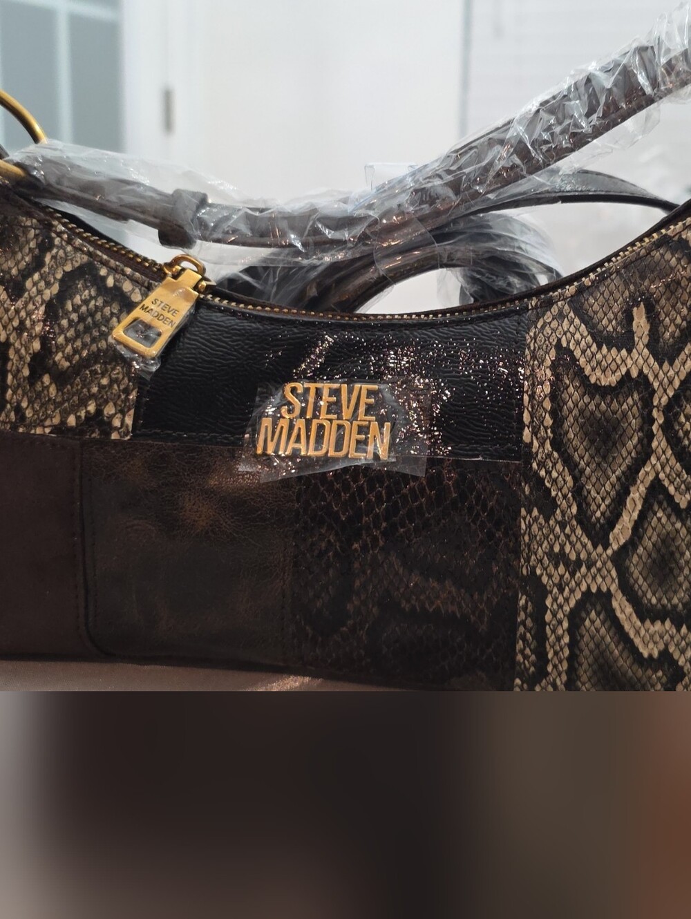 Steve Madden Brown and Tan Snake-Print Shoulder Bag with Gold Hardware